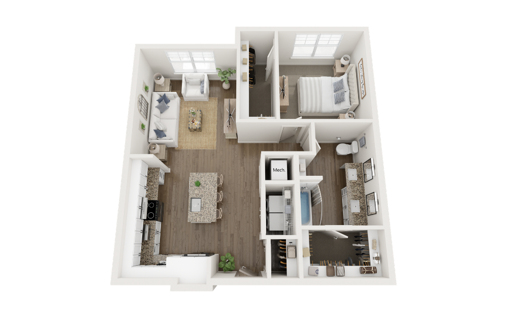A1 - 1 bedroom floorplan layout with 1 bathroom and 855 square feet (Scheme A)