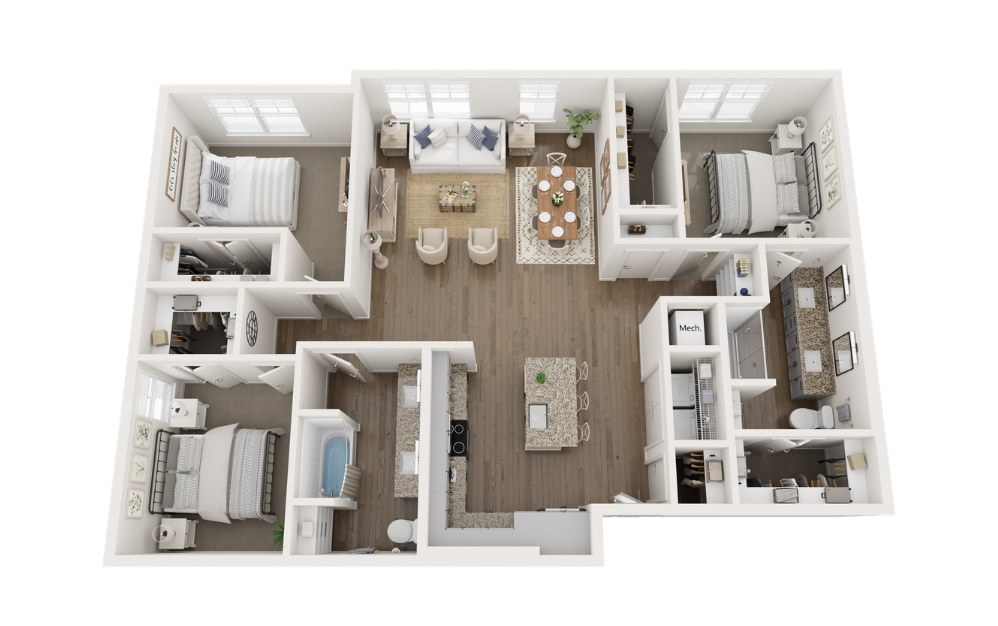 C1 - 3 bedroom floorplan layout with 2 bathrooms and 1482 square feet (Scheme B)